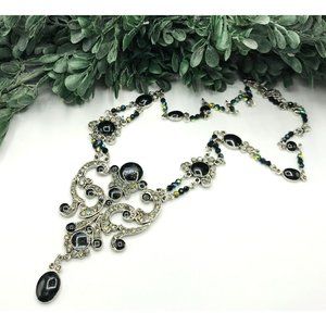 Vintage necklace silver tone black beads clear rhinestones 20" length